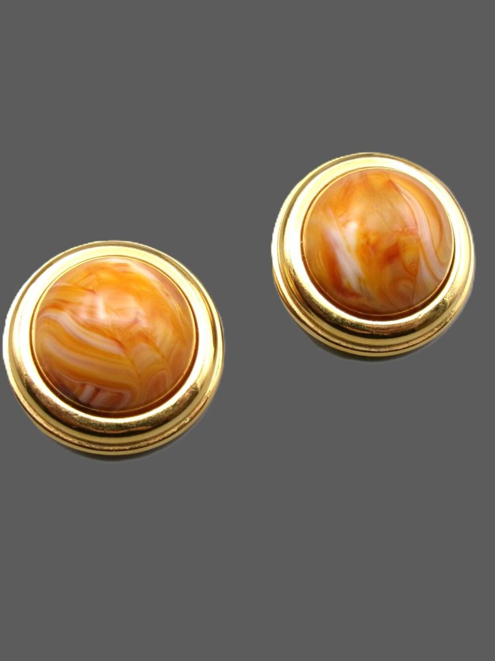 Joan Rivers Orange Marbled Cabochon Clip On Earrings, Vintage Jewelry